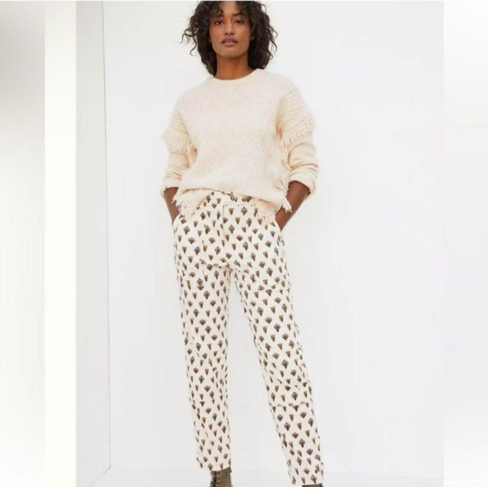 Anthropologie Cream Pants with Flor De Lis Floral Print